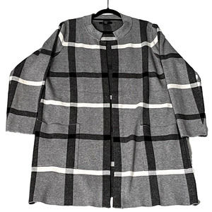 Tahari Womens SZ 1 X Cardigan Jacket Long Line Gray Black Plaid Pockets Classy